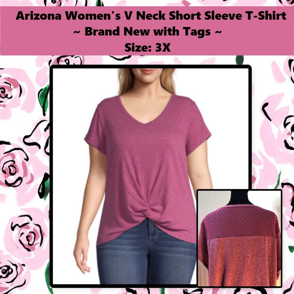 Arizona V-Neck Short Sleeve T-Shirt with Lace Shoulders 3X